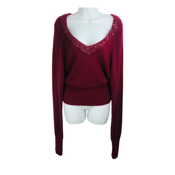 Free People Get On The Glitz Women’s Size M Wool Sweater Sequin Burgundy - Picture 4 of 12